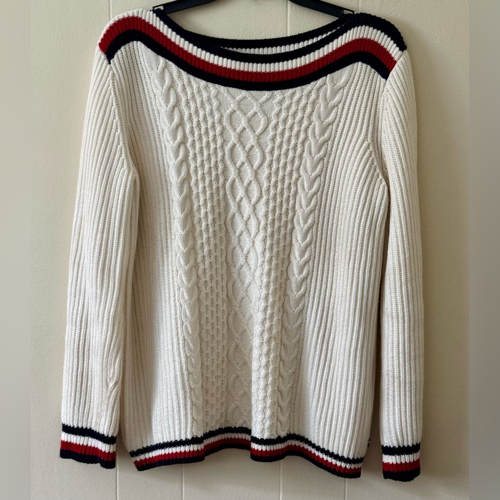 Tommy Hilfiger Cream Cable-Knit Sweater with Red & Navy Stripes